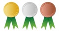 Green ribbon Gold Silver Bronze blank winner medal, vector illustration