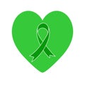Green ribbon and green heart. Vector symbol isolated on white. Problems of cerebral palsy, mental health, organ donation