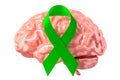 Green ribbon with human brain. Mental world awareness day concept, 3D rendering Royalty Free Stock Photo