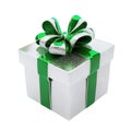 green ribbon with silver and bow around a white gift box Royalty Free Stock Photo