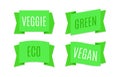 Green ribbons banners. Eco and bio tags design for natural vegan products. Simple ecology label and emblem, text on tape Royalty Free Stock Photo