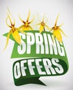 Green Ribbons and Yellow Orchids for Spring Offers, Vector Illustration