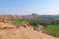 Green rice fields or terraces in the village of Hampi. Palm trees, sun,rice fields, large stones in Hampi. Tropical exotic Royalty Free Stock Photo