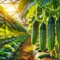 Green ripe cucumbers in an organic farm