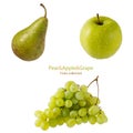 Green ripe fresh pear, apple and bunch of grapes with water drops background isolated on white background Royalty Free Stock Photo