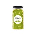 Green ripe olives preserved in a glass jar. Royalty Free Stock Photo
