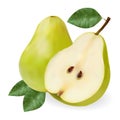 Green ripe pear with a leaf and a half