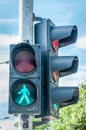 Green road traffic light signal for pedestrians on the crosswalk in the city Royalty Free Stock Photo