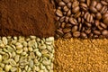 Green, roasted, ground and instant coffee