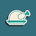 Green Roasted turkey or chicken icon isolated on green background. Long shadow style. Vector