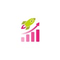 Green Rocket ship with pink fire and graduated pink growth diagram. Isolated on white. Flat icon.