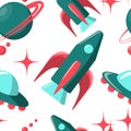 Green rockets, ufo, planets and stars on a white background. Seamless pattern Royalty Free Stock Photo