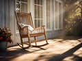 Chair rocking on a patio deck of house. Terrace with wooden rocking chair near green lawn on sunny day Royalty Free Stock Photo