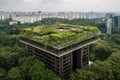 green-roofed building, surrounded by trees and greenery, in modern metropolis Royalty Free Stock Photo