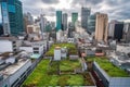 green rooftops surrounded by bustling cityscape, with tall buildings and busy streets in the background
