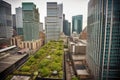 green rooftops surrounded by towering skyscrapers and bustling city streets