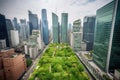 green rooftops surrounded by towering skyscrapers and bustling city streets