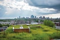 green rooftops surrounded by views of the city skyline, with clouds in the background