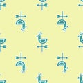 Green Rooster weather vane icon isolated seamless pattern on yellow background. Weathercock sign. Windvane rooster