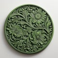 Green Round Carved Wood Plaque With Decorative Floral Motifs Royalty Free Stock Photo