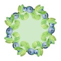 Green Round frame with blueberries with leaves. Hand - drawn . Copy space