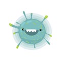 Green round toothy viruses or bacteria emoticon character of infection or illness in microbiology against white Royalty Free Stock Photo