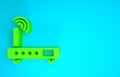 Green Router and wi-fi signal icon isolated on blue background. Wireless ethernet modem router. Computer technology