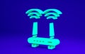 Green Router and wi-fi signal icon isolated on blue background. Wireless ethernet modem router. Computer technology