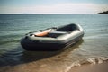 Green rubber boat by the sea. Generative AI