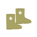 Green rubber boots with flower icon. Cozy garden symbol. Waterproof shoe for rainy weather, fishing and gardening concept