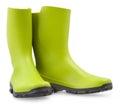 Green rubber boots gardening tool equipment. Spring concept for home garden work or vegetable garden and plant care. Also useful