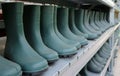 Green rubber boots in a long row. Work wear. Royalty Free Stock Photo