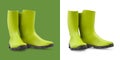 Green rubber boots. Tool equipment for gardening or vegetable garden and plant care. Also useful for rain. Front view isolated on