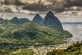 View of Les Pitons mountains in the tropical island of Saint Lucia in the Caribbean sea. Royalty Free Stock Photo