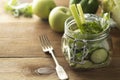 Green salad packed in mason jar. Healthy, homemade, take away food. Copy space Royalty Free Stock Photo