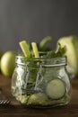 Green salad packed in mason jar. Healthy, homemade, take away food. Copy space Royalty Free Stock Photo