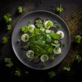 green salad with radish beets on a black plate beautiful table setting Royalty Free Stock Photo