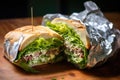green salad sandwich, partially unwrapped from foil