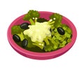 Green Salad Served in Deep Bowl with Greenery and Olives Vector Illustration