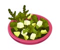 Green Salad Served in Deep Bowl with Greenery and Soft Cheese Vector Illustration