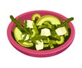 Green Salad Served in Deep Bowl with Greenery and Soft Cheese Vector Illustration