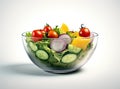 Green salad with tomato and fresh vegetables isolated on white background. Created with Generative AI technology. Royalty Free Stock Photo