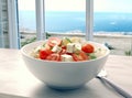 Green salad with tomato and fresh vegetables isolated on white background. Created with Generative AI technology. Royalty Free Stock Photo