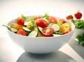 Green salad with tomato and fresh vegetables isolated on white background. Created with Generative AI technology. Royalty Free Stock Photo
