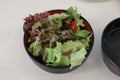 Green salad with tomatoes with japanese white sesame dressing.