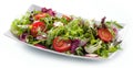 Green salat in a bowl on desk. Tomato, cheese and salad. Royalty Free Stock Photo