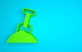 Green Sandbox with sand and shovel icon isolated on blue background. Minimalism concept. 3D render illustration