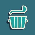 Green Sauna bucket and ladle icon isolated on green background. Long shadow style. Vector Royalty Free Stock Photo