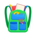 Green school backpack with blue pockets. Vector illustration on a white background. Royalty Free Stock Photo