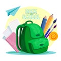 Green school bag and study supplies: brushes, pencils, textbook Royalty Free Stock Photo